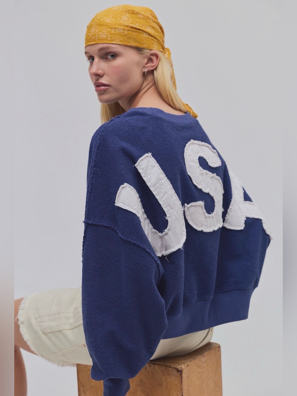 Free People Tricia Fix USA Crewneck Sweatshirt Cropped Applique Navy Combo